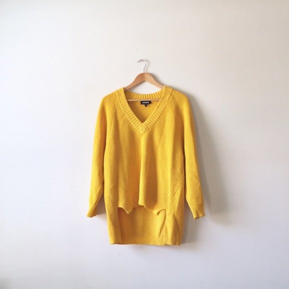 Express Goldenrod Yellow Oversized V Neck High Low Cotton Blend Sweater … - Picture 3 of 9